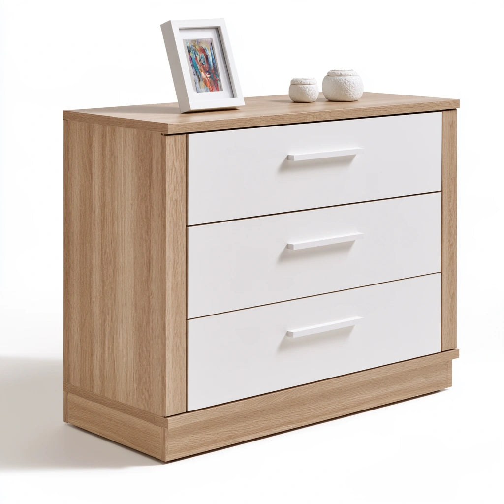 Cassettiera in legno finitura rovere con quattro cassetti, colore marrone chiaro