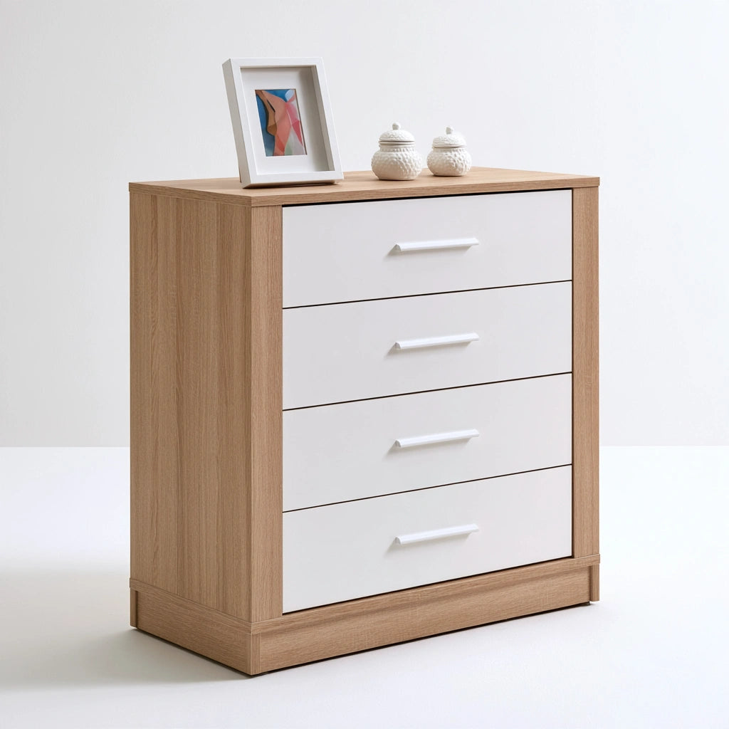 Cassettiera in legno finitura rovere con quattro cassetti, colore marrone chiaro