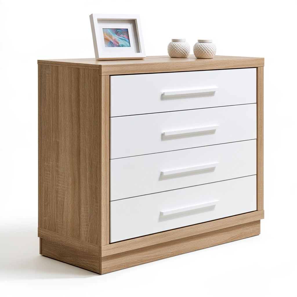 Cassettiera in legno finitura rovere con quattro cassetti, colore marrone chiaro