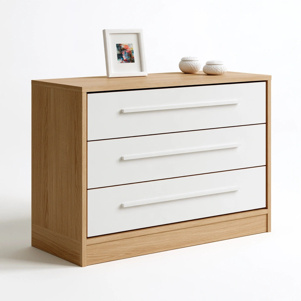Cassettiera in legno finitura rovere con quattro cassetti, colore marrone chiaro