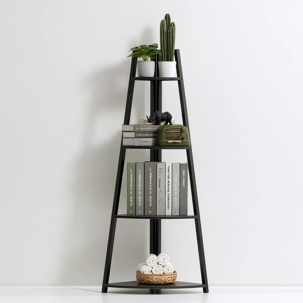 Scaffale angolare in metallo a quattro livelli, colore nero