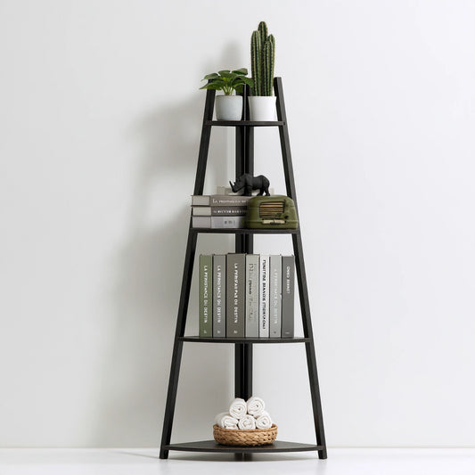 Scaffale angolare in metallo a quattro livelli, colore nero