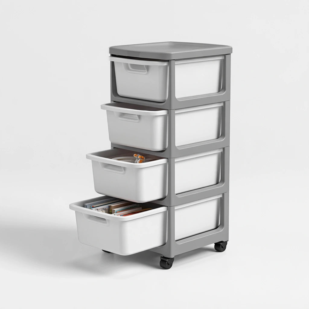 Carrello portaoggetti in plastica su ruote a quattro livelli, colore grigio